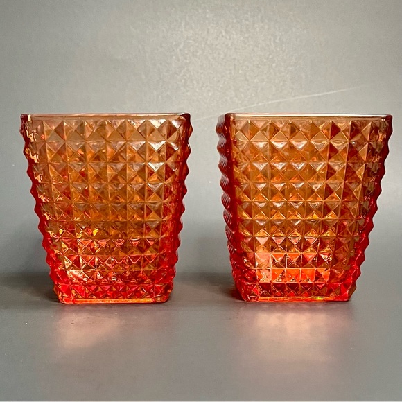 Orange Red  Glass Candle Holder Diamond Cut Iridescent - Picture 3 of 9